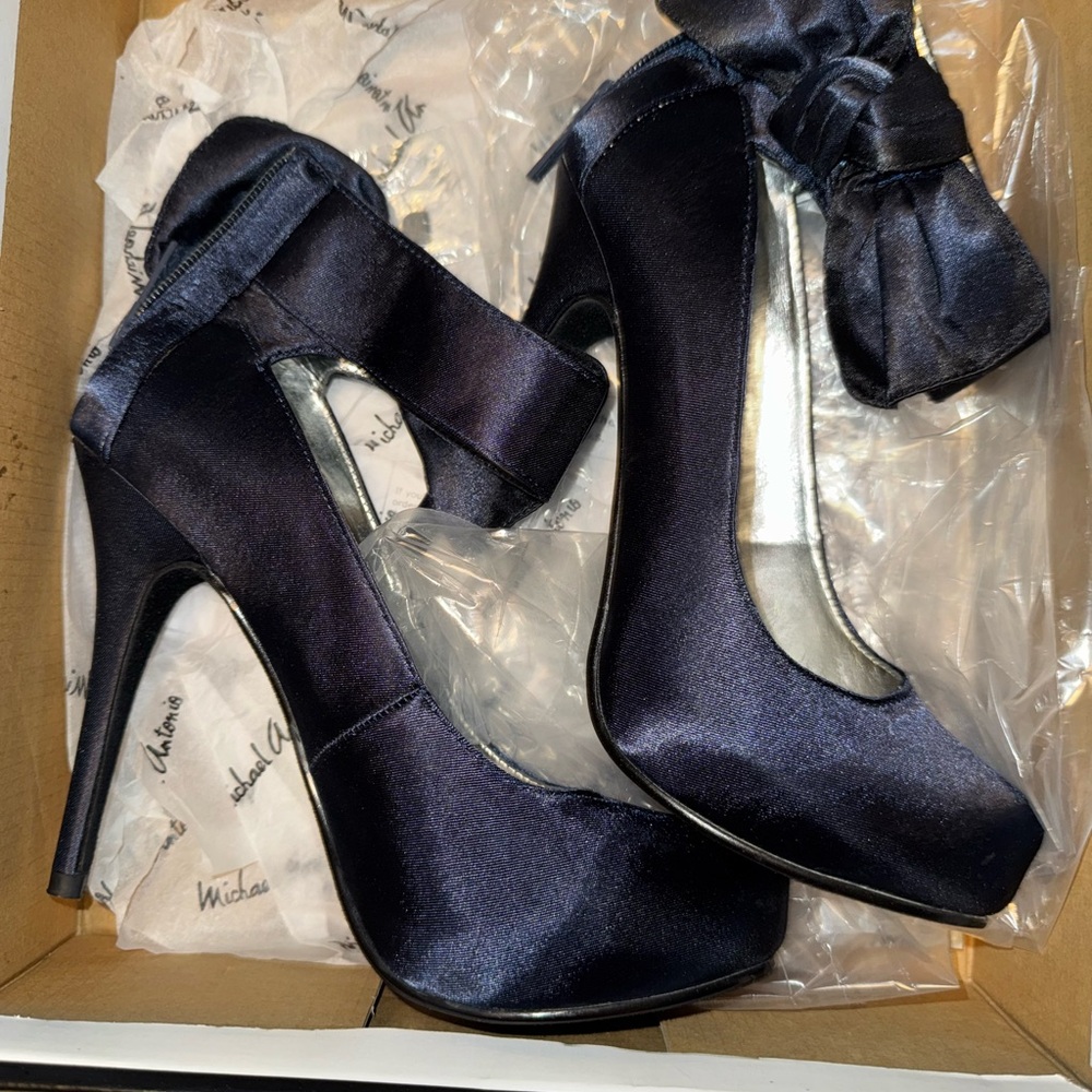 Michael Antonio Satin Navy Blue Platform Heels with Ankle Strap